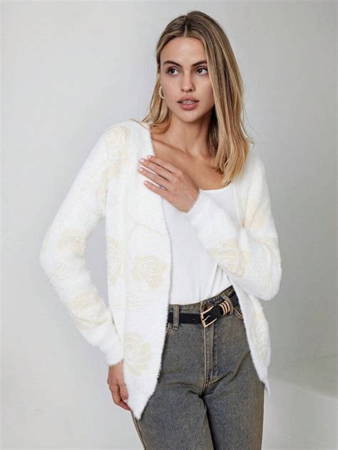 CLARA VERO Cardigan With Special Flower Details And Hairy Yarn | SHEIN USA