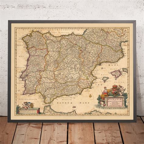Old Map of the Kingdoms of Spain & Portugal by Visscher, 1690: Madrid, Lisbon, Barcelona ...