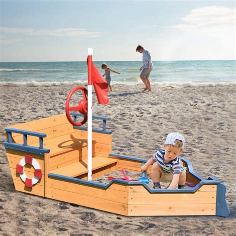 Pirate Boat Wood Sandbox for Kids, Wooden Pirate Sandboat Covered Sandboxes w/Bench Seat, Flag ...