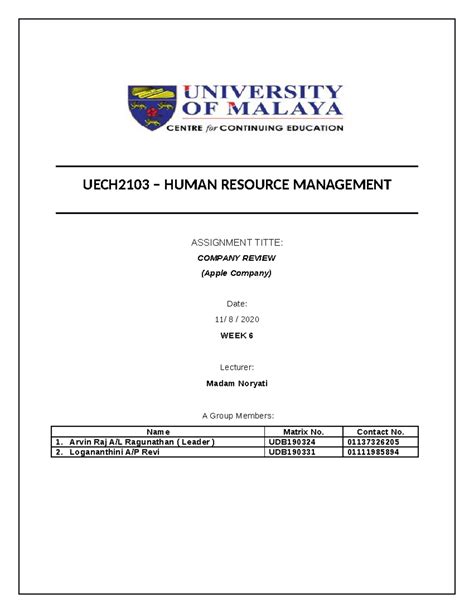 HRM Assignment 2 Apple Company - UECH2103 – HUMAN RESOURCE MANAGEMENT ...