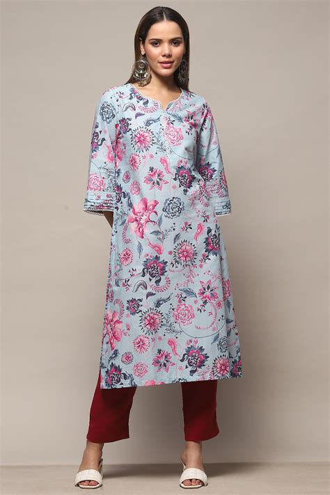 Buy Powder Blue Cotton Floral Printed Straight Kurta Online at Biba India