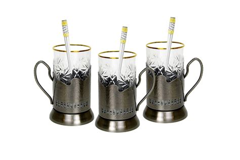 9-pc Tea Set, 24 Karat Gold Banded Tempered Crystal Glasses with Metal ...