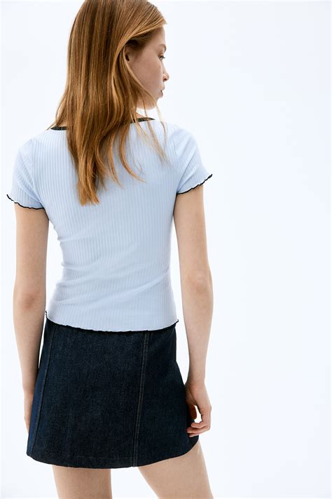 - Overlock-detail ribbed top - Light blue - Ladies | H&M IN