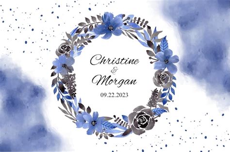 Modèle d'invitation avec couronne de fleurs aquarelle bleu noir ...