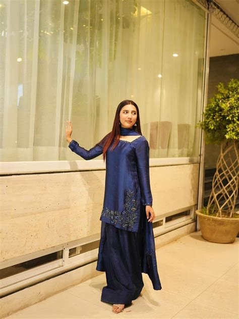 Blue Elegant Natural Crepe Farshi Set with Beaded Top