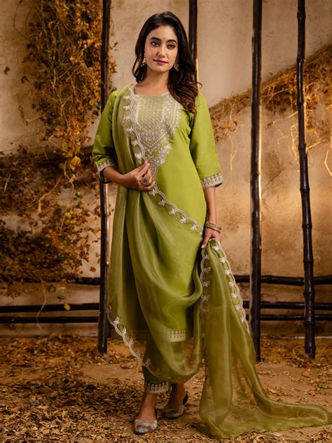 Raveena Women's Embroidered Silk Blend Calf Length Straight Kurta Trou ...