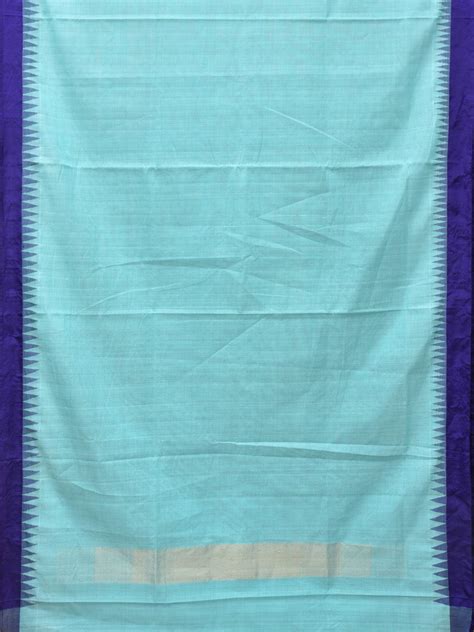 Turquoise Khadi Cotton Handloom Plain Saree with Temple Border Design ...