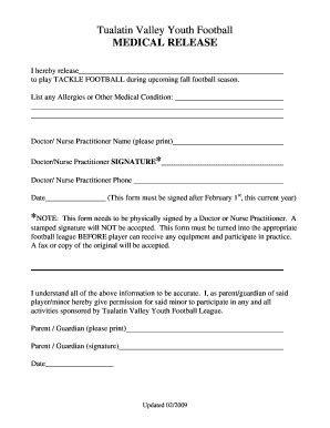 Tualatin Valley Youth Football MEDICAL RELEASE - Beaverton ... - Fill ...