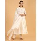 Off White Pink Aari Embroidered Cotton Asymmetric Suit- Set of 3