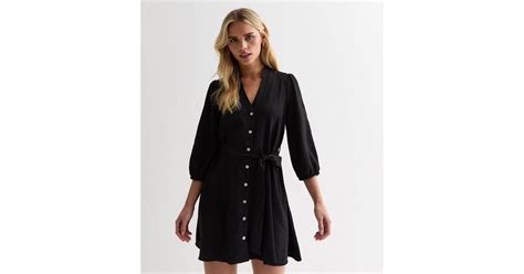 Petite Black Grandad Collar Mini Shirt Dress | New Look