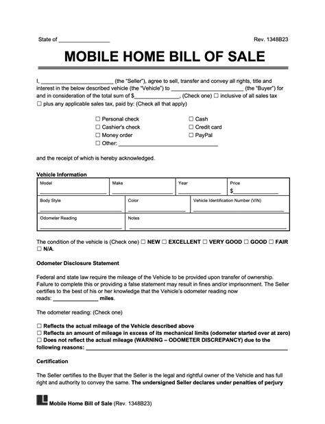 Free Mobile (Manufactured) Home Bill of Sale Form | Legal Templates