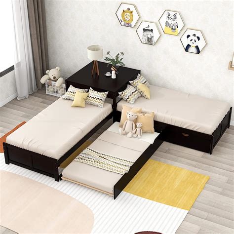 Buy L-Shape Twin Platform Beds with Trundle Wood Corner Daybed with 2 ...