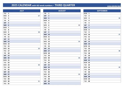 Printable 3rd quarter 2025 calendar