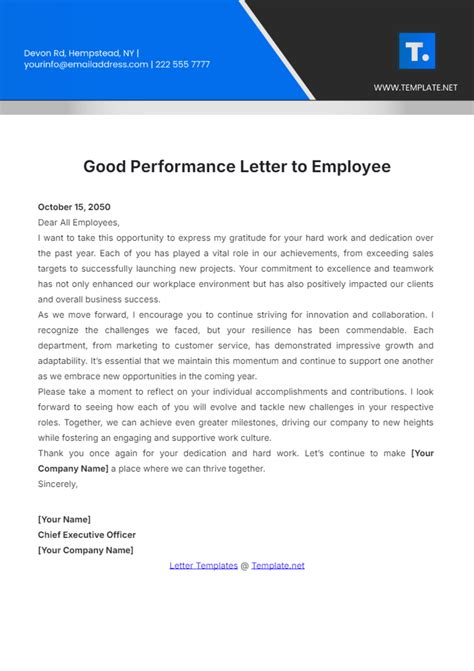 Free Good Performance Letter to Employee Template to Edit Online