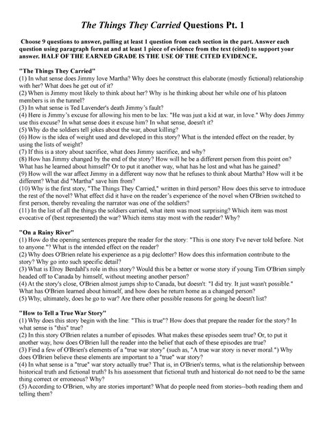1 5 8 10 The Things They Carried Questions - The Things They Carried ...