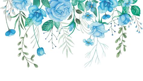 Watercolor Flowers Border Arrangement with Blue Roses and Green Leaves ...