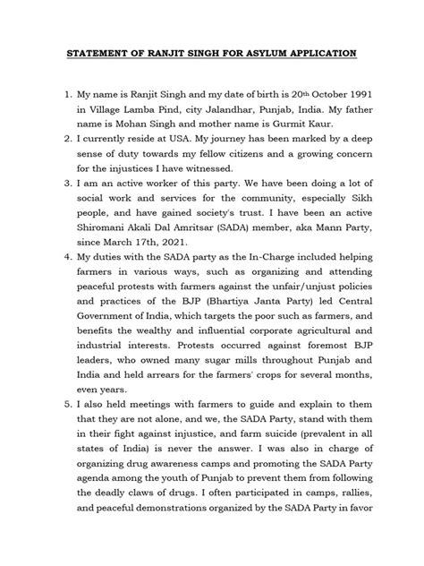 Image result for Asylum Statement Sample