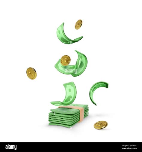 Falling paper currency to wad of money. Bunch of cash with gold coins ...