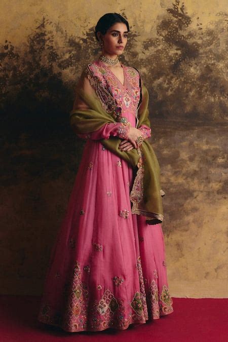 Buy Pink Organza Embroidered Resham V Neck Floral Anarkali With Dupatta ...