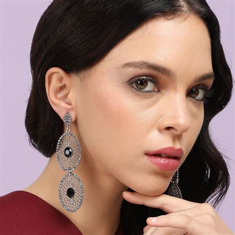 Buy Sohi Womens Intricate Stone Oval Long Drop Earrings - Black Online