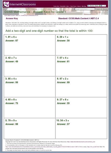 Answer Key Download - Worksheet #1078. CCSS.Math.Content.1.NBT.C.4