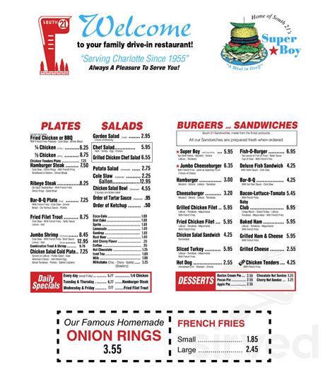 Menu for South 21 Drive In in Charlotte, NC | Sirved
