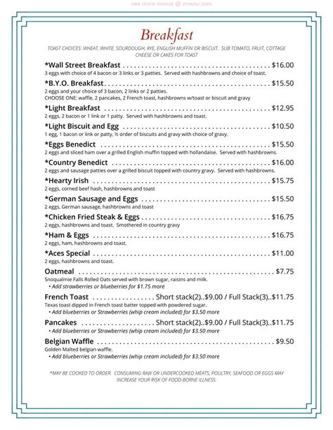 Menu at Wall Street Diner restaurant, Spokane