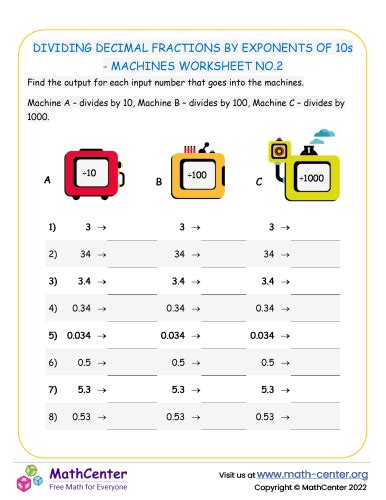 Dividing decimal numbers by exponents of 10s - Machines Worksheet No.2 ...