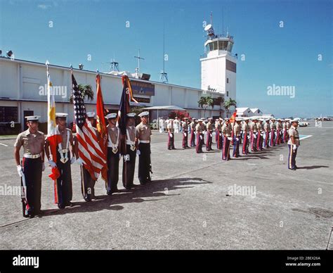 1982 - A Marine Corps honor guard waits to welcome Secretary of Defense ...