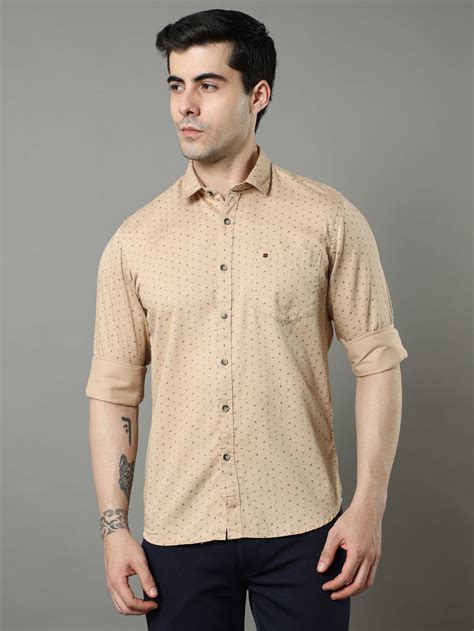 Shop Men's Beige Slim Fit Cotton Casual Printed Shirt Online - Cool Colors