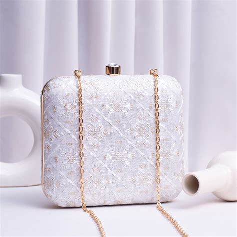 Artklim White Based Sequins And Threadwork Embroidery Clutch