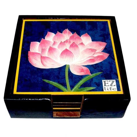 EZ Life Six Coasters with Holder Set - Serene Lotus - Navy Blue - Wood ...