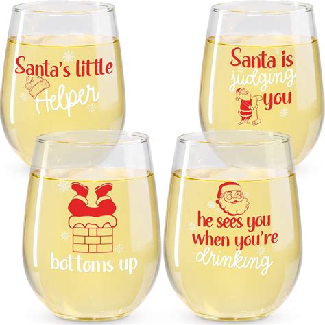 Amazon.com | Funny Christmas Wine Glasses - Santa Printed Stemless Wine ...