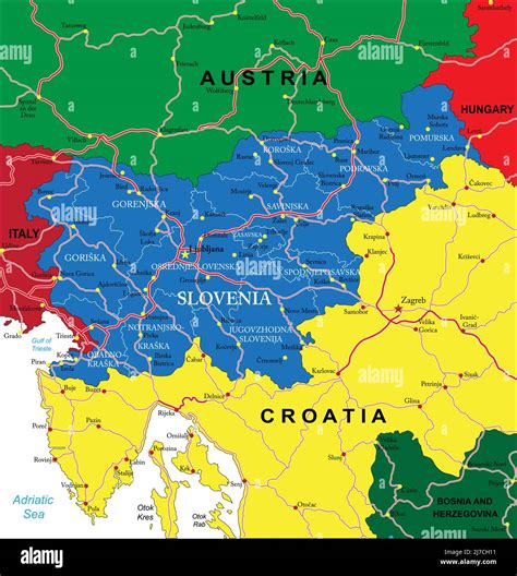 Highly detailed vector map of Slovenia with administrative regions, main cities and roads Stock ...