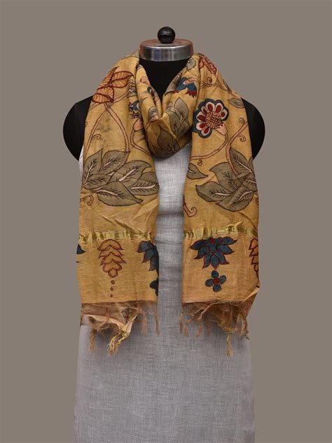 Light Yellow Kalamkari Hand Painted Cotton Silk Handloom Dupatta with ...