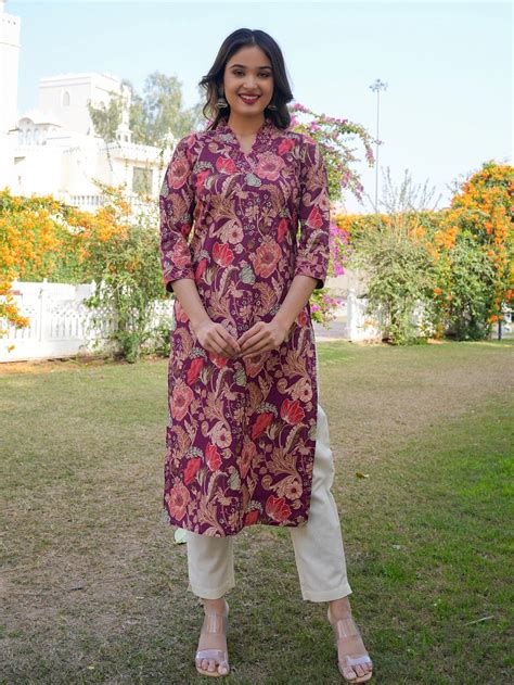 Purple Cotton Straight Printed Kurta – Vbuyz