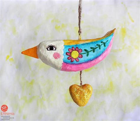 Paper Mache Hanging Bird Ornament, Bird Wall Hanging, Whimsical Paper ...