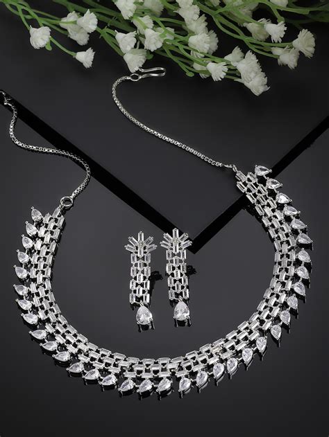 Rhodium-Plated with Silver-Toned White American Diamond Studded Neckla