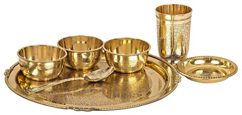 Buy Indian Art Villa Pure Brass 7 Pieces Dinner Set/Thali Set of 1 ...