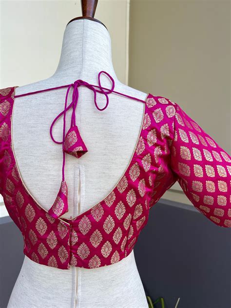 Hot Pink Readymade Blouse with Gold Buttis in Pure Banarasi Silk ...