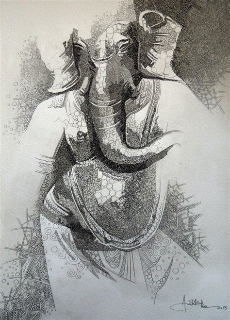 "Ganesha 2": Steel Grey Pen Drawing (15x22) by Amit Bhar – ArtZolo.com
