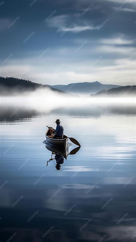 Premium Photo | A man in a boat on a lake with mountains in the background