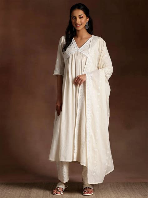 Buy Alizeh Off white Embroidered Cotton A-Line Kurta With Palazzos ...