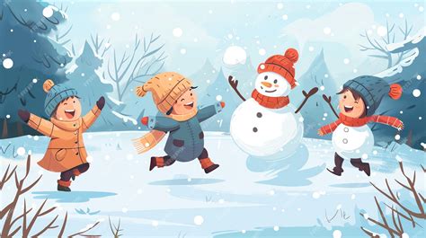 A cartoon illustration of three children playing in the snow with a ...