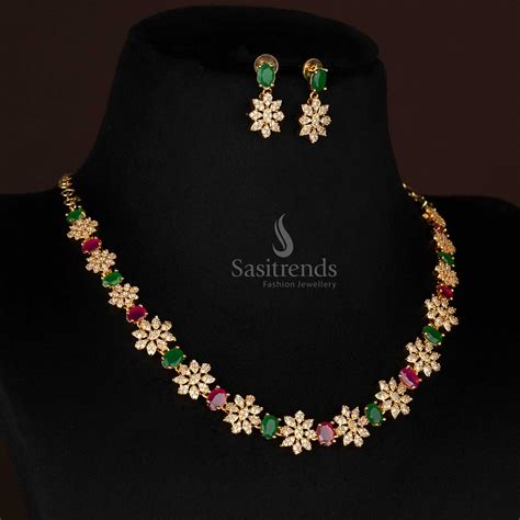 Floral Micro Gold Plated Necklace Set with AD Stones - Sasitrends