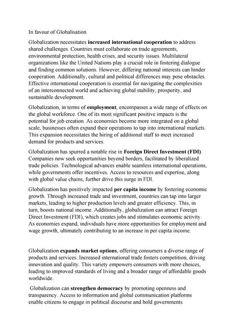 In favour of Globalisation - In favour of Globalisation Globalization ...