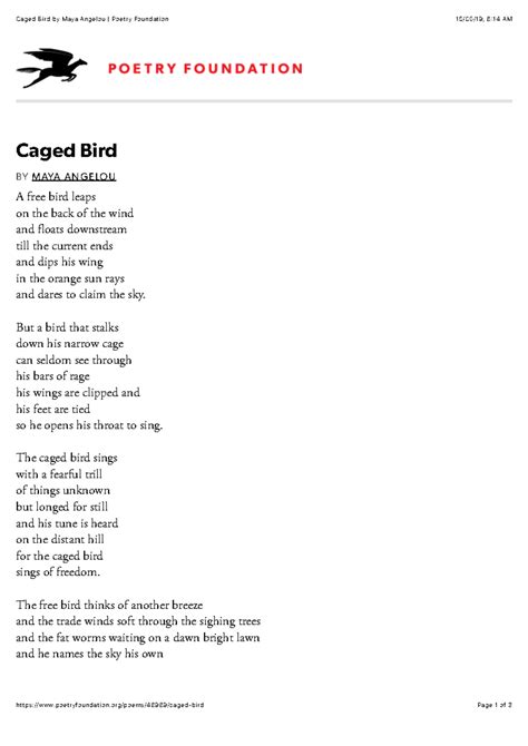 3A Angelou Maya - Caged Bird - Caged Bird by Maya Angelou | Poetry ...
