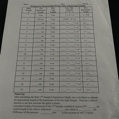 Pythagorean Theorem Spiral Project Table of Hypotenuse Lengths Final ...