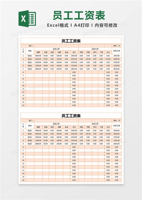 橙色简约公司员工工资表模版Excel模板下载_熊猫办公