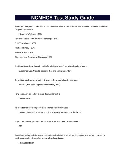NCMHCE Test Study Guide | Exams Psychology | Docsity